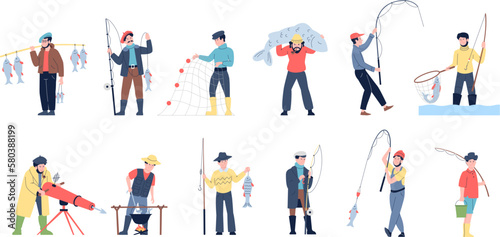 Cartoon fishers characters. Fishermen active relax, recreation on nature and hobby. Fishing leisure, man holding giant fish. Men with rods recent vector set
