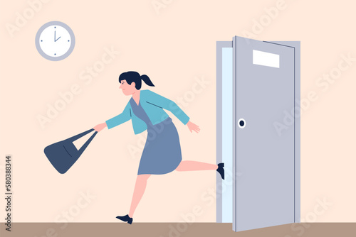 Female leaving office. Woman run from open door, from home or job. Lunch or coffee time, employee go out. Busy business girl, recent vector scene
