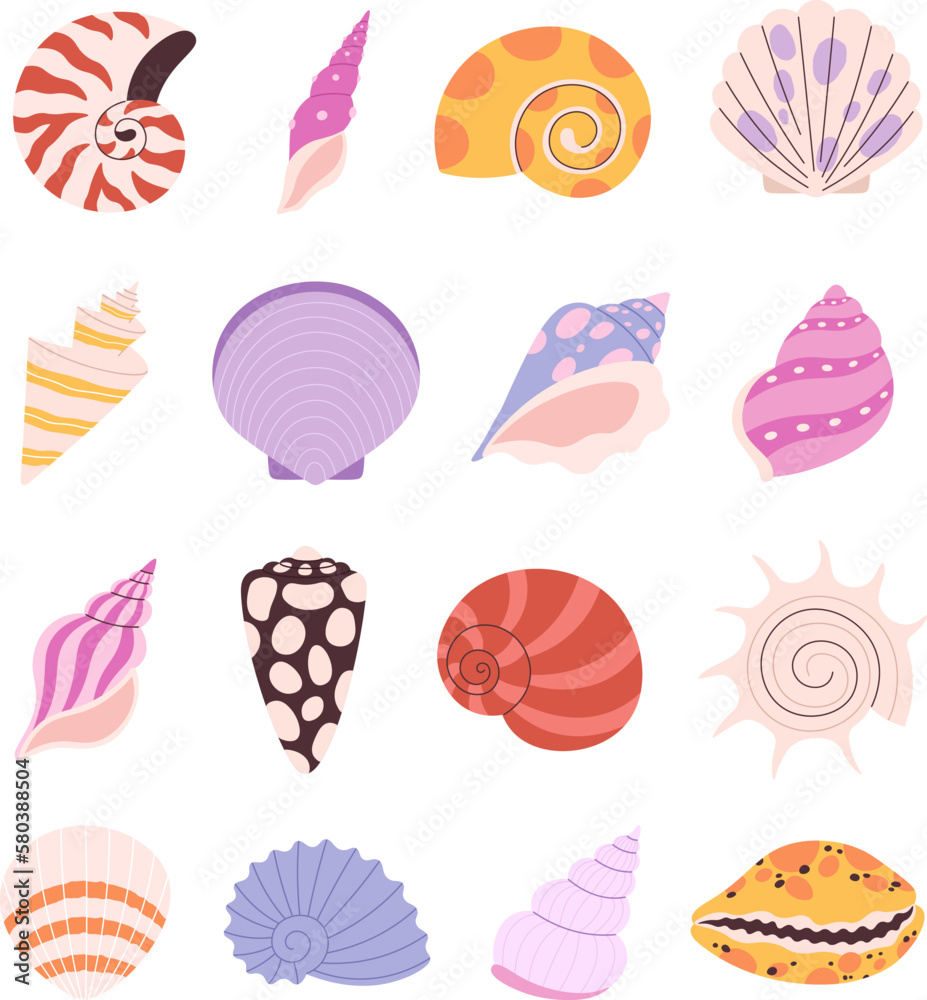 Seashell, oyster, clam set. Cartoon seashells and starfish, ocean underwater coral elements. Isolated sea beach nature racy vector symbols