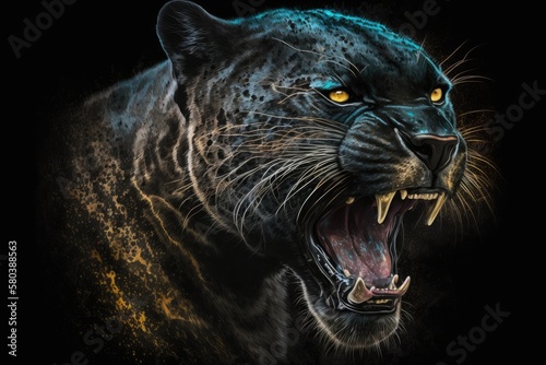 Digital painting of a roaring black panther on a black background. Generative AI