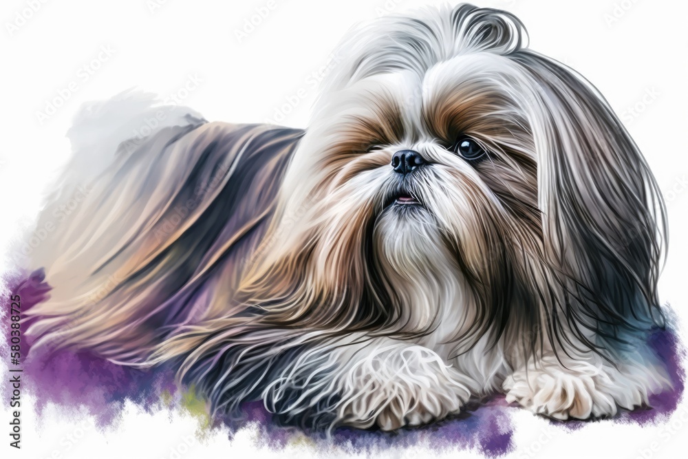 Shih Tzu lap dog toy pet digital art. Small Chrysanthemum breed watercolor portrait closeup