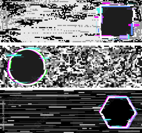 Digital technology noise effect banners with glitch geometric frames. Futuristic abstract monochrome design, neon colors elements, vector background