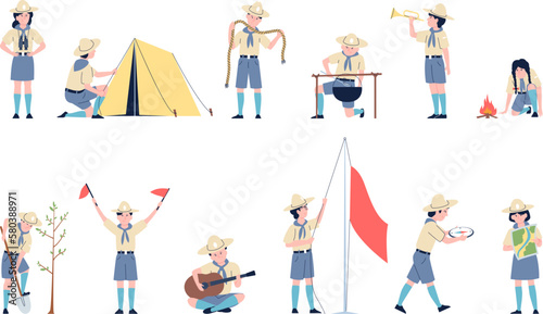 Kids in scout costumes. Children scouts flat characters, young students exploring and survival on nature. Rangers adventures recent vector set