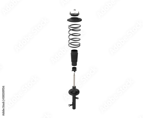 Explode view with front shock absorber components.  Isolated on transparent background.