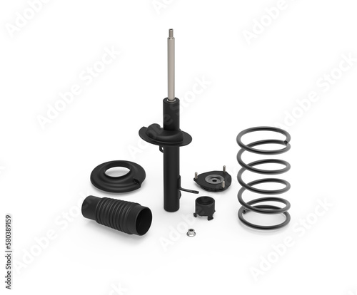Main parts of a front shock absorber.  Car front shock absorber.  Isolated on transparent background.