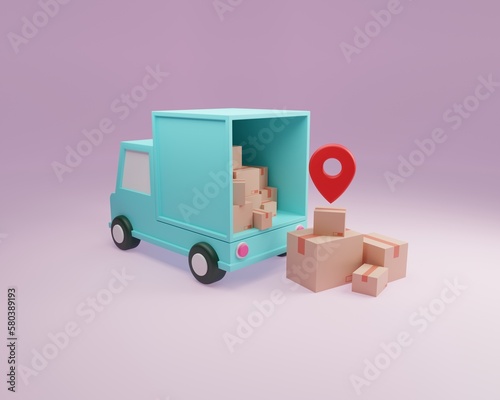 3D render of a light blue stylized van for delivery with cardboard boxes and a red map pin, conceptualization for package tracking