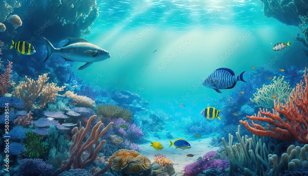 Fototapeta premium Underwater world of beautiful coral reef and colorful fish. Based on Generative AI
