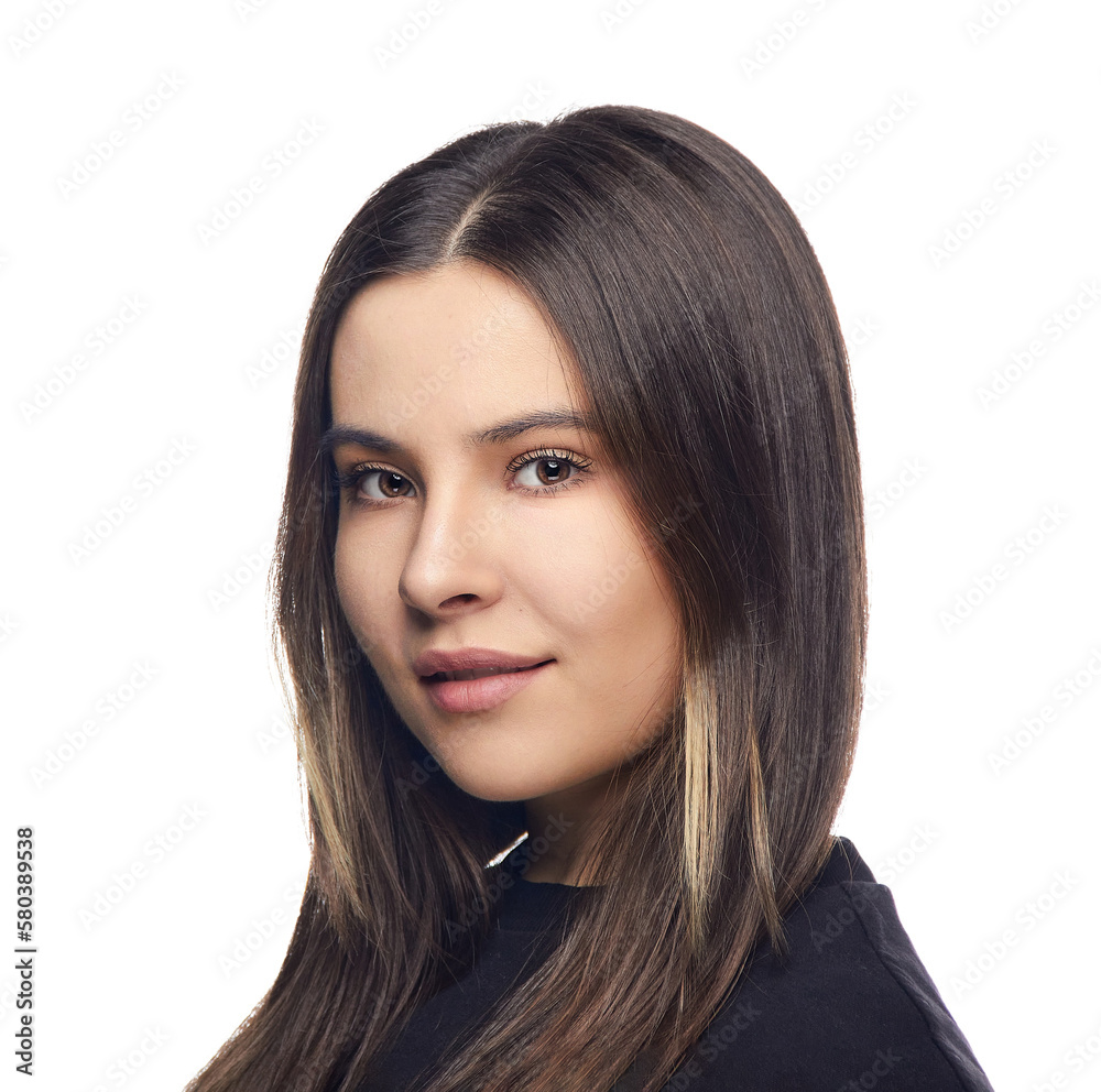 close-up headshot portrait of a brunette girl, on a white background isolate. close-up headshot portrait of a brunette girl, on a white background isolate.