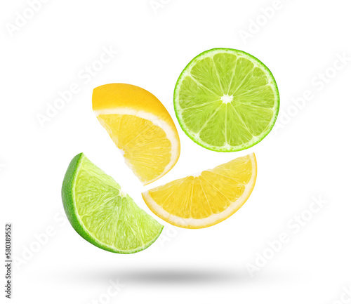 Fresh lime and lemon slices falling in the air isolated on transparent background. PNG © PotaeRin