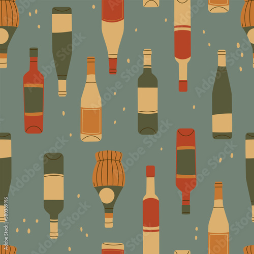 Vector seamless pattern of wine bottles of various shapes and types. Vintage colors, vector illustration for design.