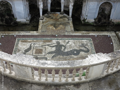 Mosaic Decoration with Balustrade at Villa Giulia Garden in Rome, Italy