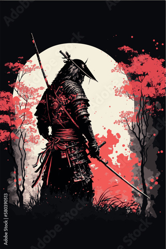 Japanese samurai warrior. Mighty ninja with swords. Cool poster of asian fighter with katana. Traditional hand drawn painting of fantasy martial ronin. Vector art tattoo. Cartoon style demon fighter.