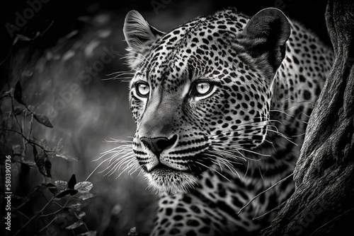 A picture of a leopard staring in black and white. Generative AI