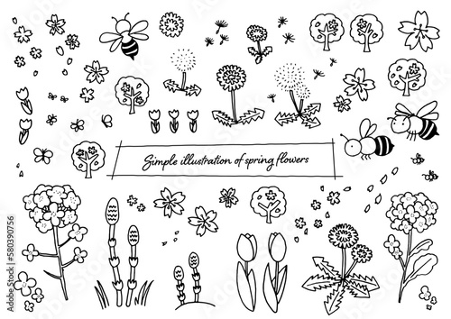 手描きのペンを使った春の花のイラストセット