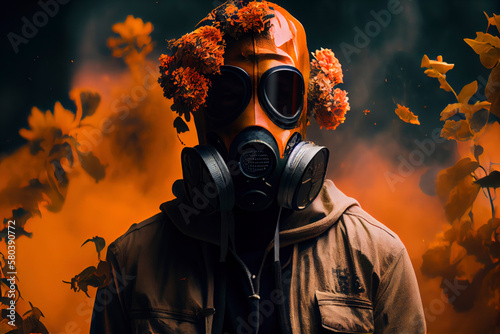 Young  man allergic to pollen with an anti-gas mask in a orange flower field. Seasonal allergy and asthma concept. Illustration. Generative AI photo