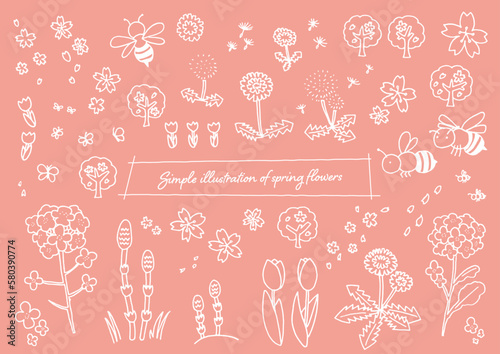 手描きのペンを使った春の花のイラストセット