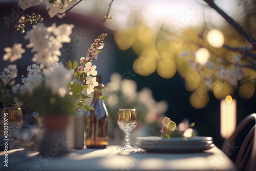 Informal spring meal in the outdoor garden, the table set for lunch and decorated with a bouquet of natural flowers. Selective focus. Illustration. Generative AI.