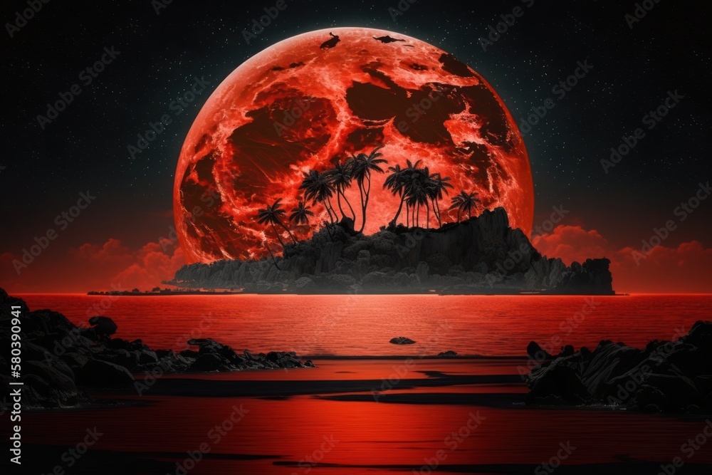 illustration - full red moon over tropical island landscape
