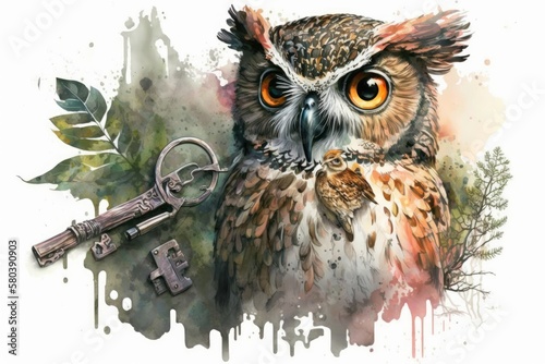 Beautiful hand painted portrait of an owl and some old keys, set against a white background. Forest animal concept. Illustration of a wild bird. Magical wise owl flies art for card, print, or poster photo