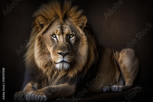 A beautiful  strong lion poses calmly in its dark den. moody lighting for a portrait. Generative AI