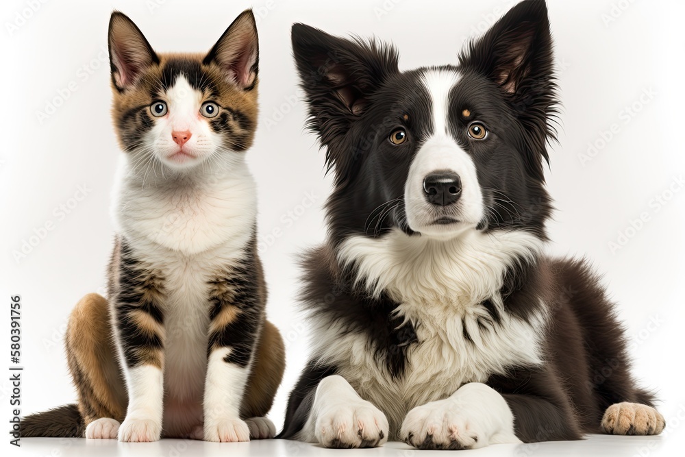 Border collie dog and kitten both look at camera while sitting together. stand out against a white background. Generative AI