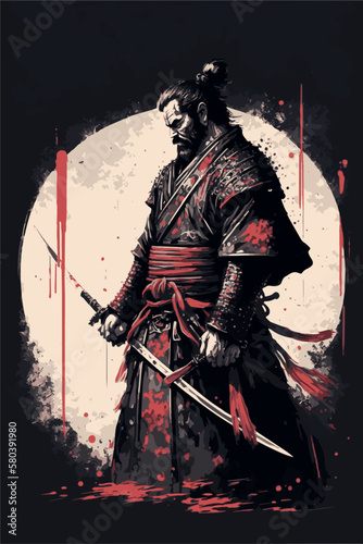 Japanese samurai warrior. Mighty ninja with swords. Cool poster of asian fighter with katana. Traditional hand drawn painting of fantasy martial ronin. Vector art tattoo. Cartoon style demon fighter.