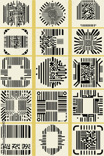 Vector QR Code and Barcode Mega-Set (15 works) for Business and Technology,Digital Business for Web and Mobile. Ornamental QR Code and Barcode Stamps and Badges