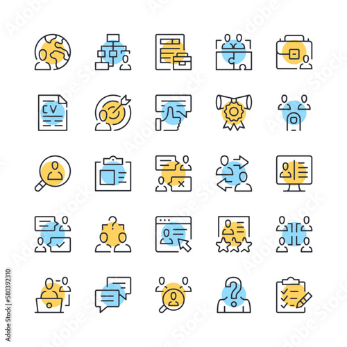 Human resources line icons. Set of employment icons. Black, blue and yellow colors. Modern outline graphic design. Vector line icons set