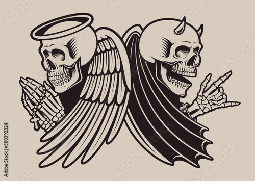 Vector vintage biker illustration skull angel and devil with wings
