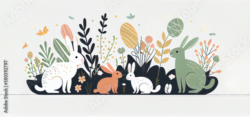 Easter banner  easter bunnies isolated on white background minimalistic style  happy easter concept. Generative AI