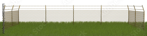 Rusty Metal chain link fences and Barbed Wire on the green grass - Png Transparent 3D Image   © mabaci