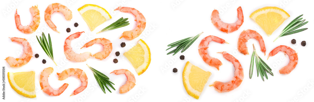 Red cooked prawn or shrimp with rosemary, lemon and peppercorn isolated on white background. Top view. Flat lay Red cooked prawn or shrimp with rosemary, lemon and peppercorn isolated on white background. Top view. Flat lay
