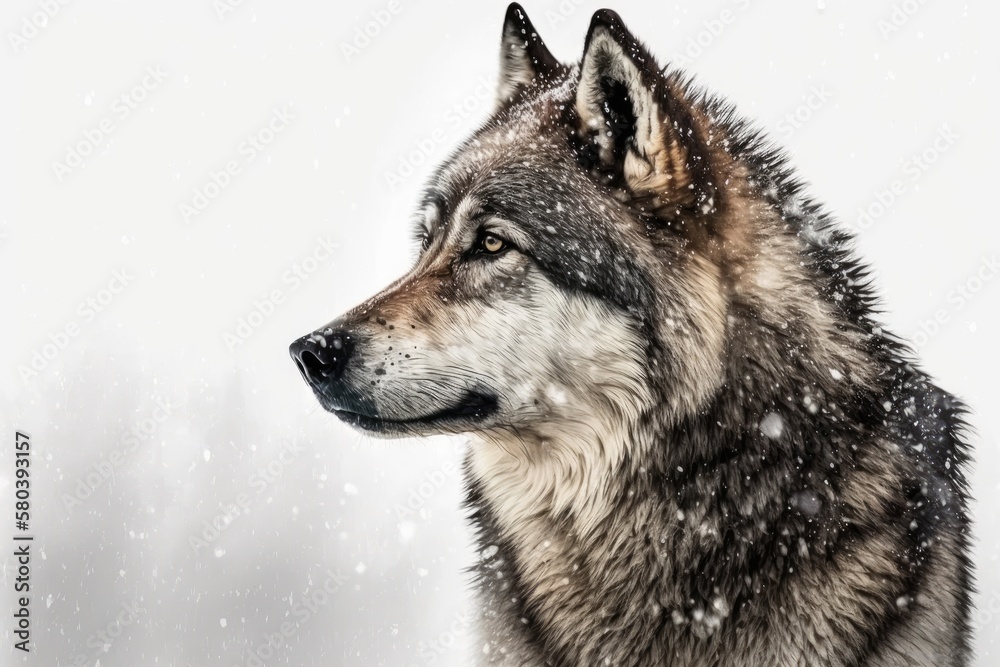 A picture of a gray wolf with snowflakes on its fur, set against a white background. Generative AI