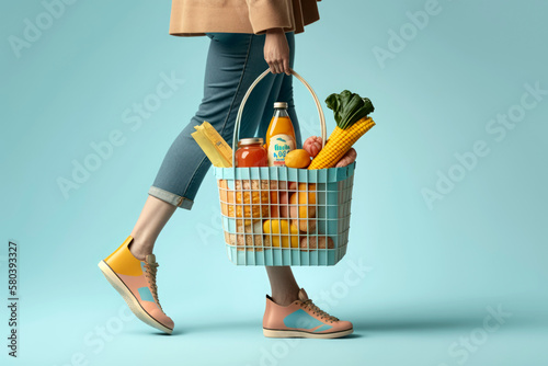 Creative pastel supermarket shopping concept, woman holds a basket full with groceries for her family. Economy and household savings. Generative AI. photo