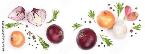 Fototapeta Naklejka Na Ścianę i Meble -  red onions with rosemary and peppercorns isolated on a white background. Top view. Flat lay