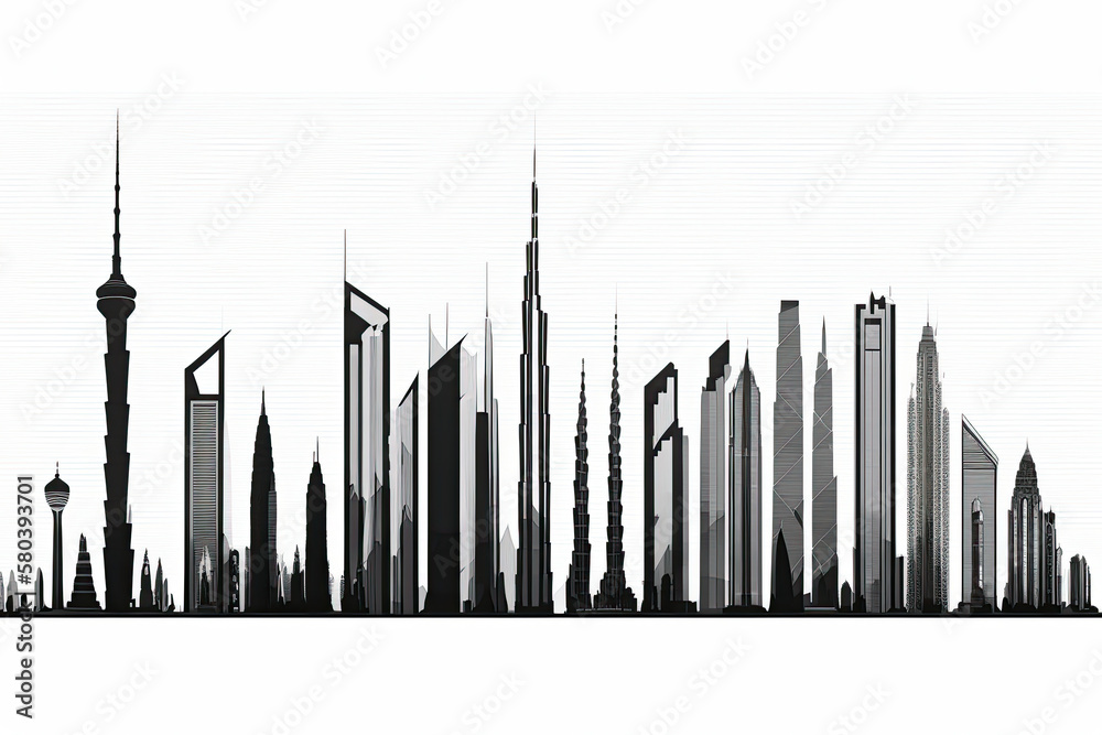 Fototapeta premium Skyline of skyscrapers drawn on a white background. Generative AI