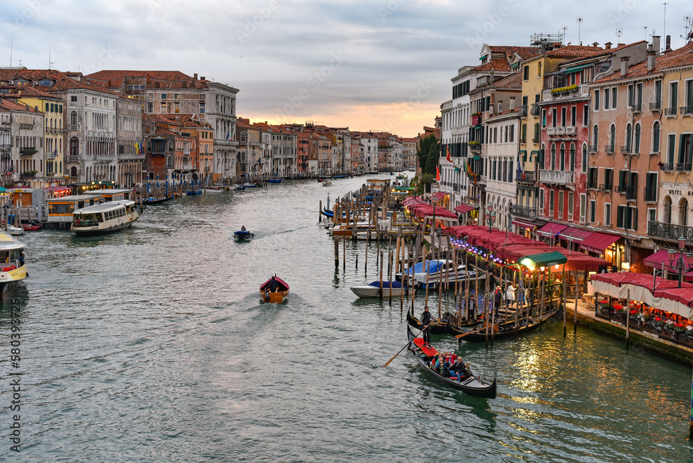 Venice, Italy - 15 Nov, 2022: Sunset on the Grand Canal from Rialto Bridge