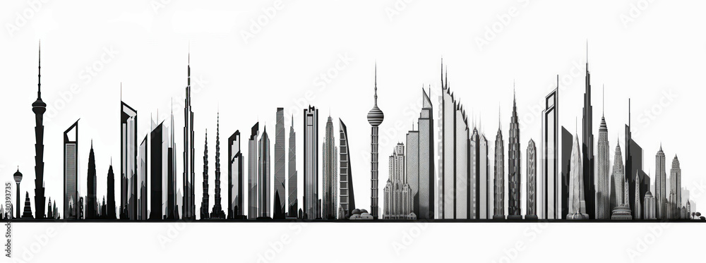 Skyline of skyscrapers drawn on a white background. Panoramic view. Generative AI