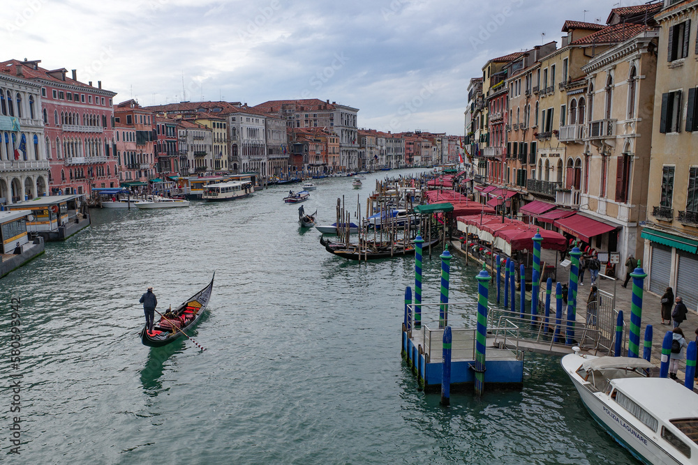 Venice, Italy - Nov 15, 2022: Views along the Grand Canal from the Rialto Bridge