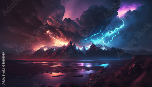 3d rendering. Abstract landscape background with glowing neon bolt symbol, stormy clouds, lightning and rocky mountains at night