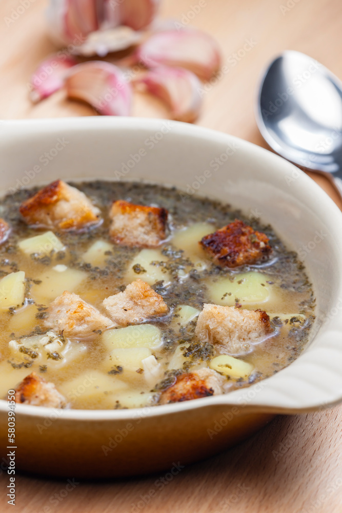 garlic soup with toasted bread and potatoes garlic soup with toasted bread and potatoes