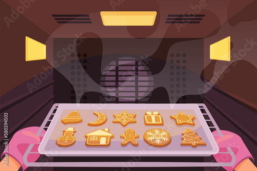 Hands of baker in kitchen mitts taking out tray of gingerbread cookies from baking oven vector illustration. Cartoon chefs hands in pink protective gloves holding hot pan, cooking festive dessert