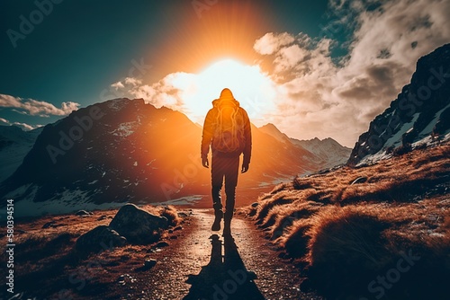 Hiker Walking into Setting Sun on Mountain Top AI Generated