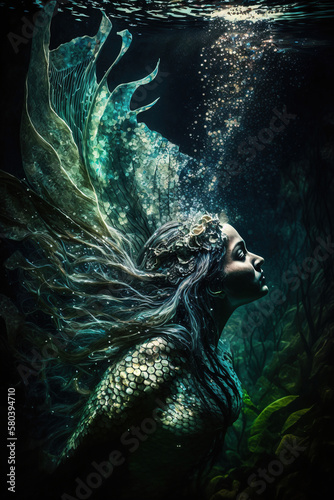 Fantasy underwater world with beautiful mermaid swimming in sea. Generative AI.
