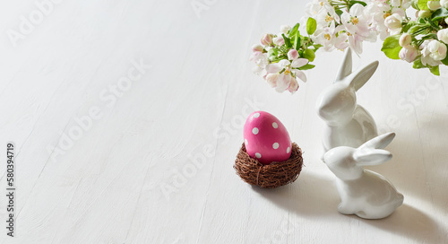 Canvas Print Holiday composition with spring flowers and easter eggs, white bunny on a light background