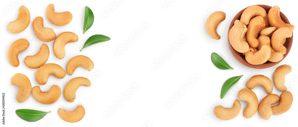Roasted Cashew nuts in bowl isolated on white background with full depth of field. Top view with copy space for your text. Flat lay Roasted Cashew nuts in bowl isolated on white background with full depth of field. Top view with copy space for your text. Flat lay