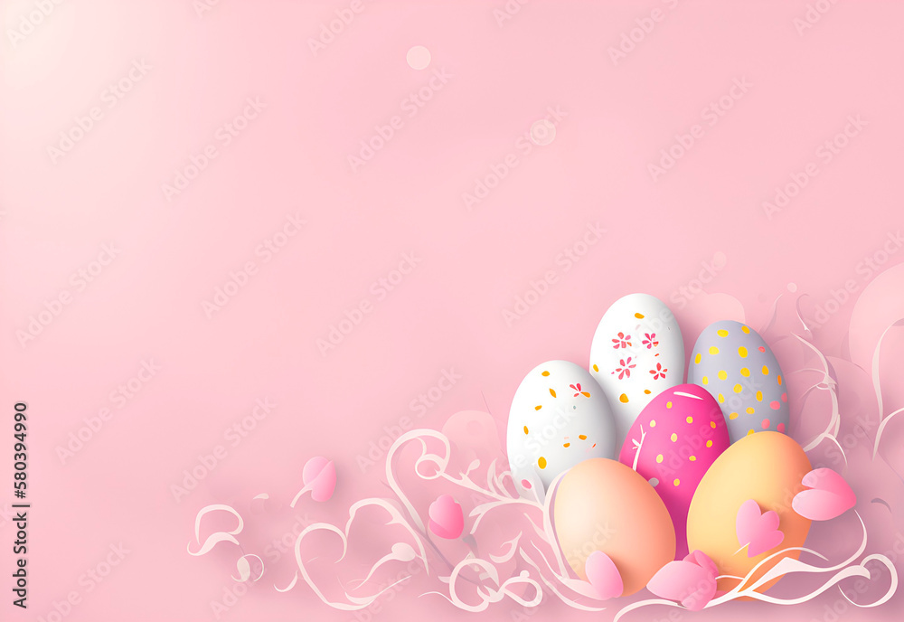 pink background with colored eggs easter day with space for text
