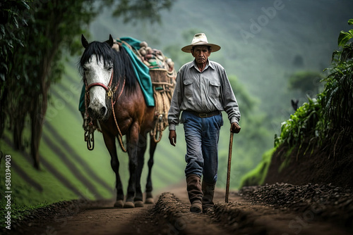 Generative AI image of elderly man with horse on farm photo