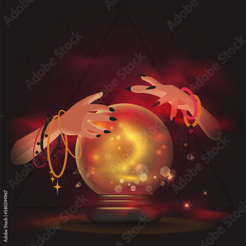 Hands of fortune teller with magic full moon and stars in crystal ball vector illustration. Cartoon witch telling of future, astrology and prediction, witching with glass sphere on dark background