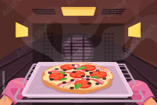 Hands of chef in protection kitchen mitts open oven door to pull out tray with baked pizza vector illustration. Cartoon person baking dough stuffed with sausage, cheese and tomato sauce on hot pan